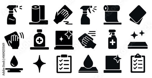 Cleaning and sanitization solid icons set – hygiene, flat, disinfection symbols