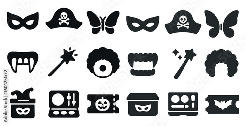 Halloween and costume silhouette icons set – masks, magic, party symbols