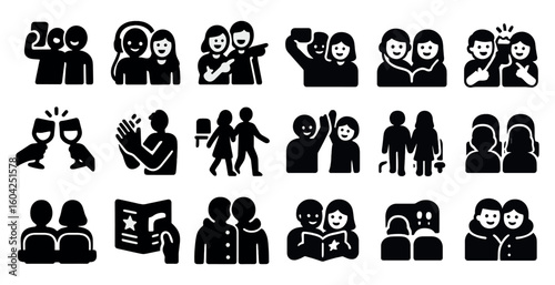 Friendship and community solid icons set - silhouette, filled, social connection symbols