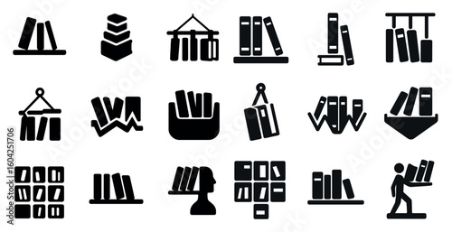 Library and bookshelf icons set – solid, filled, reading and organization symbols