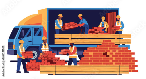 Construction Workers Unloading Building Materials from Truck