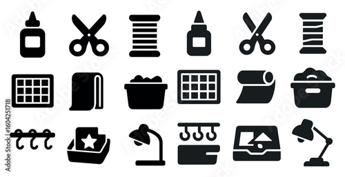 Home and office silhouette icons set – filled, flat, organization and stationery design