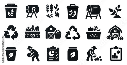 Sustainable farming solid icons set – environment, agriculture, eco-friendly symbols