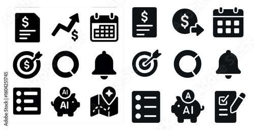 Finance and productivity solid icons set – filled, business and analytics symbols