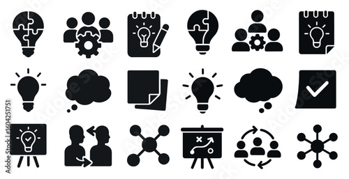 Business and strategy solid icons set – filled, silhouette, brainstorming symbols