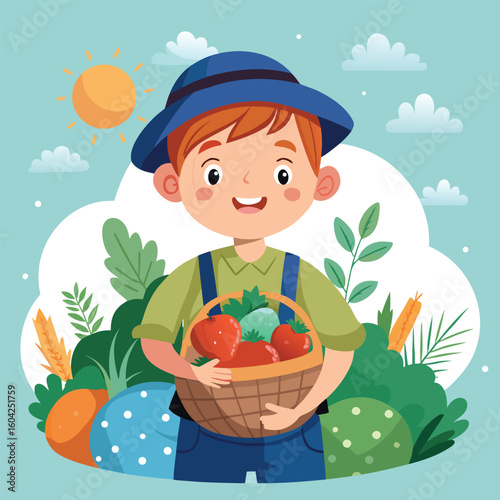 Young boy holding basket of harvested vegetables with sun and clouds tomatoes
