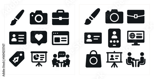 Business and office silhouette icons set – outline, solid, corporate elements