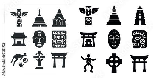 Cultural heritage silhouette icons set – tribal, historical, ancient symbols