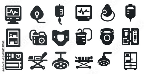 Medical and healthcare solid icons set – simple, filled, hospital symbols