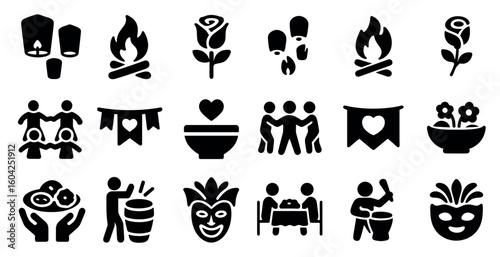 Celebration and event solid icons set – silhouette, filled, party and festivity graphics