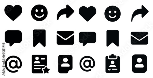 Social media communication icons set – solid, chat, message and mail symbols