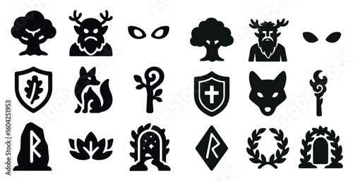 Nature and mythology silhouette icons set – symbols, fantasy, wildlife