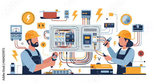 Electricians Installing Electrical Panel Wiring System
