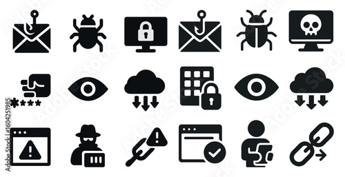 Cybersecurity solid icons set – filled, security, privacy protection symbols