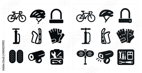 Cycling and fitness solid icons set – filled, silhouette, exercise and wellbeing symbols