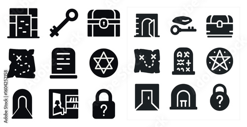 Mystery and adventure solid icons set – flat, filled, escape and treasure hunt symbols