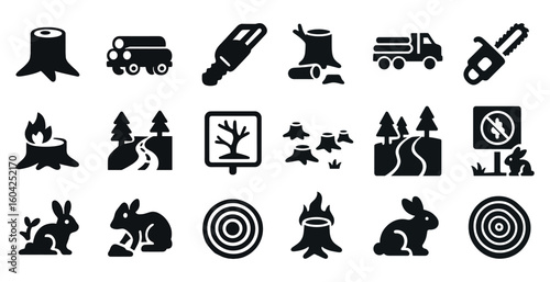 Forestry and wildlife silhouette icons set – solid, nature, environmental symbols