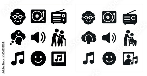 Geriatric care solid icons set - silhouette, filled, elderly support symbols