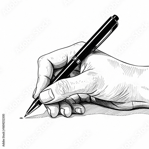 A hand holding a pen writing, black and white illustration, white background.