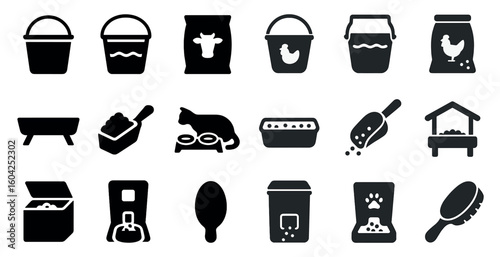 Pet care solid icons set – filled, silhouette, animal and grooming essentials