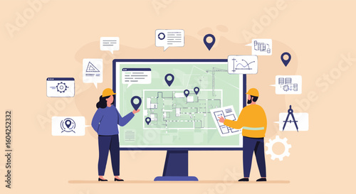 Engineers Analyze Building Plan Digital Display Modern Technology