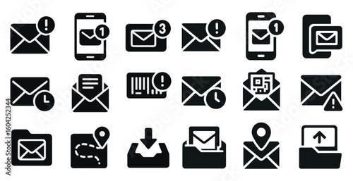Email notification solid icons set – alert, message, and communication graphics