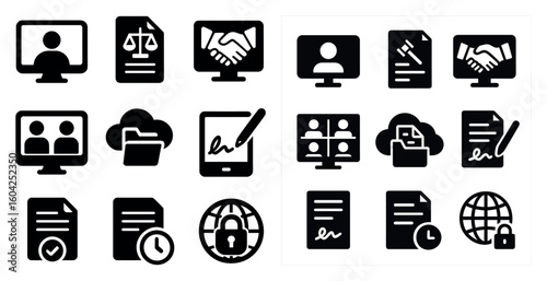 Law and business solid icons set – filled, legal, corporate communication symbols