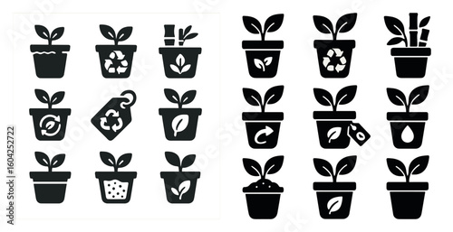 Environmental silhouette icons set – recycling, sustainable, eco-friendly symbols