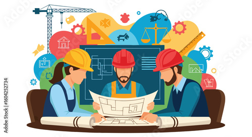 Construction Engineers Team Reviewing Blueprints