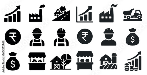 Business and industry solid icons set – economic, financial, commerce symbols