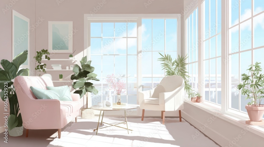 Fototapeta premium bright spring living room, blooming houseplants, open windows, sunlight, soft colors, peaceful atmosphere