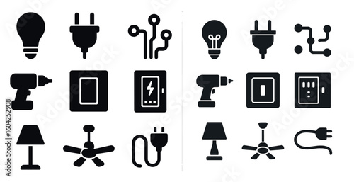 Electricity and power icons set - silhouette, solid, energy and electrical symbols