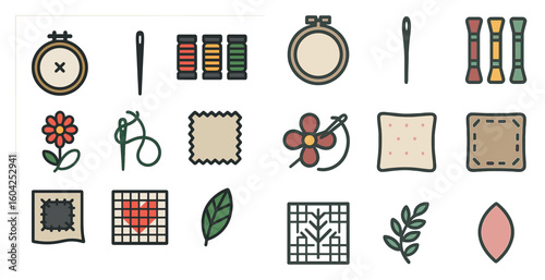 Sewing and craft icons set – flat, outline, stitching and embroidery graphics