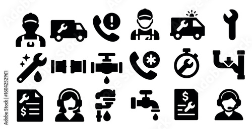 Plumbing services solid icons set – filled, repair and maintenance symbols