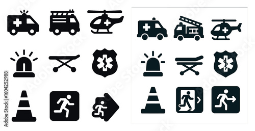 Emergency services solid icons set – filled, rescue, first aid symbols