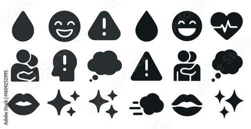 Emotions and symbols solid icons set – silhouette, filled, mood and expression graphics