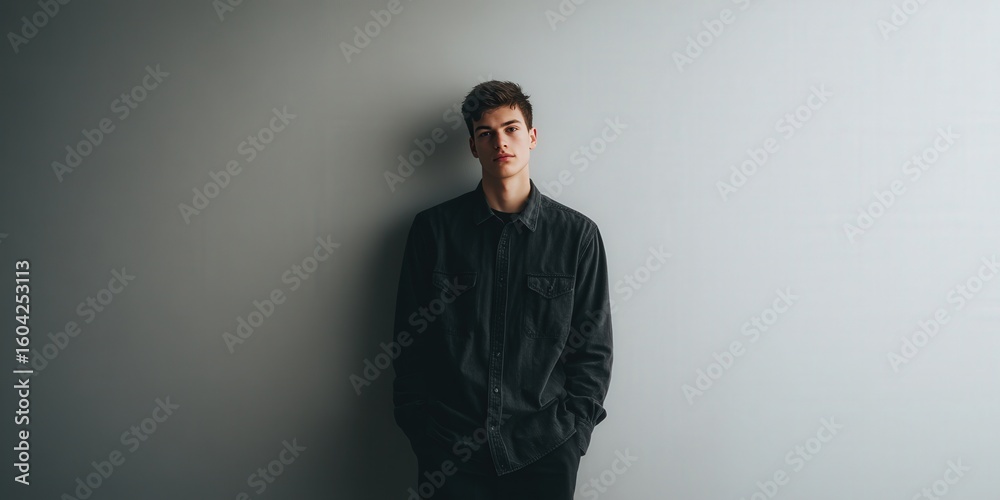 Obraz premium Stylish Young Man in Casual Attire Posing Against a Minimalist Background