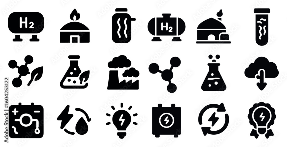 Sustainable energy solid icons set – silhouette, filled, eco and innovation symbols Sustainable energy solid icons set – silhouette, filled, eco and innovation symbols