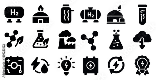 Sustainable energy solid icons set – silhouette, filled, eco and innovation symbols