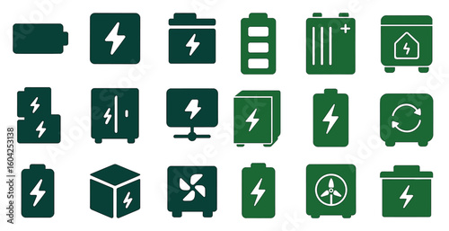 Battery and power solid icons set – filled, energy, electricity symbols