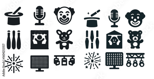 Circus and performance solid icons set – fun, entertainment, show symbols