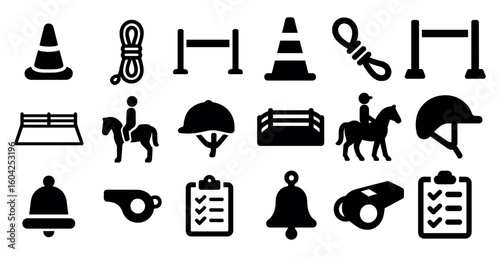 Equestrian and safety solid icons set – filled, sport, horseback riding symbols