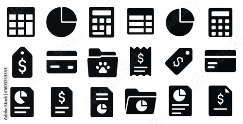 Finance and business solid icons set – filled, outline, accounting and budgeting symbols