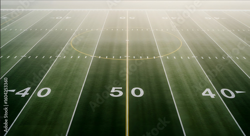Mist-shrouded American football field, early morning, game preparation.