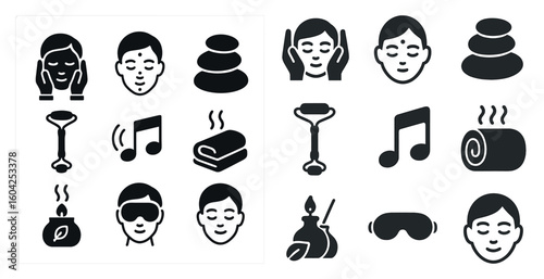 Relaxation and wellness silhouette icons set – spa, meditation, self-care elements
