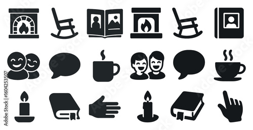 Home and comfort icons set – solid, silhouette, cozy and relaxation symbols