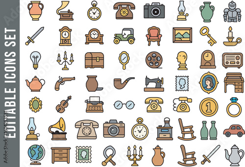 Antique and Vintage Objects Color Filled Outline Icon Set