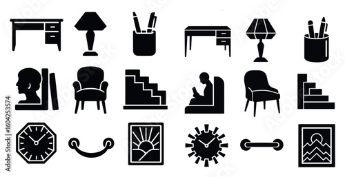 Home and office silhouette icons set – solid, filled, furniture and decor symbols