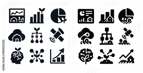 Data analysis icons set – silhouette, filled, statistics and growth symbols