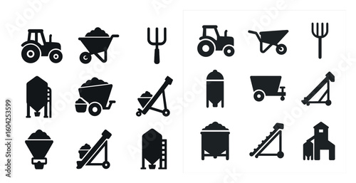 Agriculture and farming silhouette icons set – tools, equipment, farming symbols